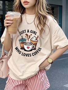 ZZG Es Trus 大尺碼女款夏季「JUST A GIRL WHO LOVES COFFEE」圖案印花街頭 Y2K 風格杏色圓領寬鬆短袖 T-shirt 上衣休閒款 - 杏色 - 查看 1