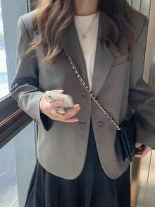 Women's Grey Long Sleeve Blazer, Korean Style Loose Elegant Slimming Casual Jacket, Autumn - Grey - View 2