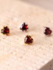 S925 Sterling Silver Red Heart-Shaped Cubic Zirconia Stud Earrings For Women, Minimalist Elegant Sweet Luxury Fashion Vintage - Silver - View 3