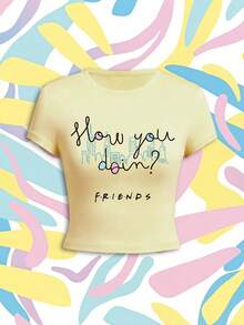 SHEIN X FRIENDS Summer Women's Short Sleeve T-Shirt With IP Print,Versatile Styling,Y2K&Retro Vibes. Casual - Yellow - View 1