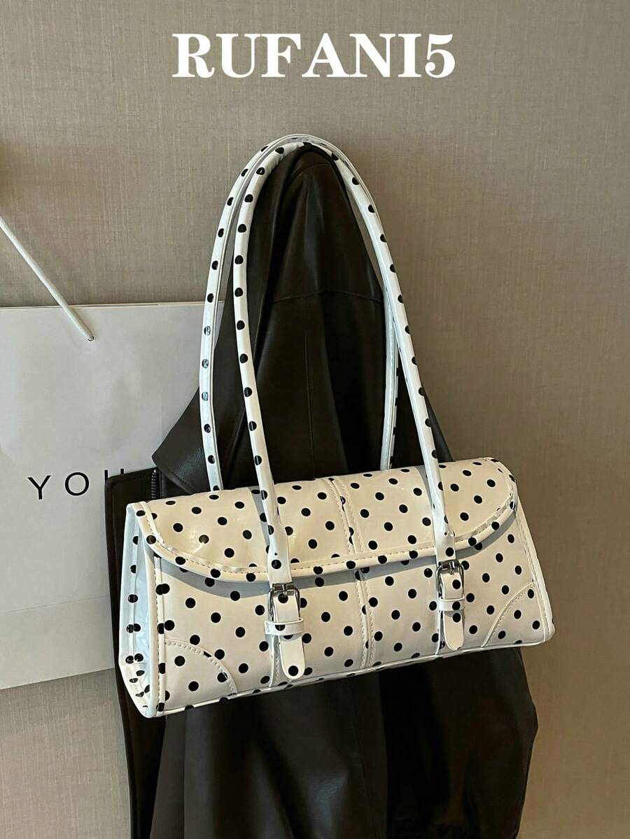 Bolso de mano con solapa y estampado de lunares en toda la superficie, bolso de hombro versátil y clásico con decoración de hebilla metálica para mujer, adecuado para compras, billetera, compras, mujeres jóvenes, estudiantes universitarias, principiantes, trabajadores de oficina. Son perfectos para oficina, universidad, trabajo, negocios, desplazamientos, actividades al aire libre, viajes y salidas