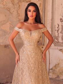 Elegant Off-Shoulder Long Gown, Exquisite Beaded Embroidery, Slim Fit Tailoring To Highlight Figure, Suitable For Formal Dinners, Weddings - Champagne - View 8