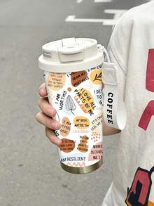 1pc/5pcs 500ml Positive Quote Insulated Car Cup, Stainless Steel Material, Heat & Cold Retention, Flip Lid Design, Portable Lanyard, Suitable For Office, Travel, Study, Self-Love Gift, Holiday & Birthday Gift - White-brown Lettering - View 6
