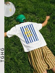 T Summer Men's Fitted T-Shirt, Vacation Travel Beach, White With Blue Stripes And Yellow Print On Back - White - View 6