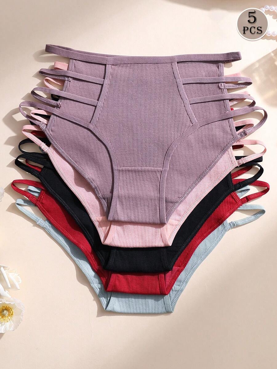5入/包 女款棉質彈性性感鏤空中腰舒適透氣運動內褲 - 彩色 - 查看 1