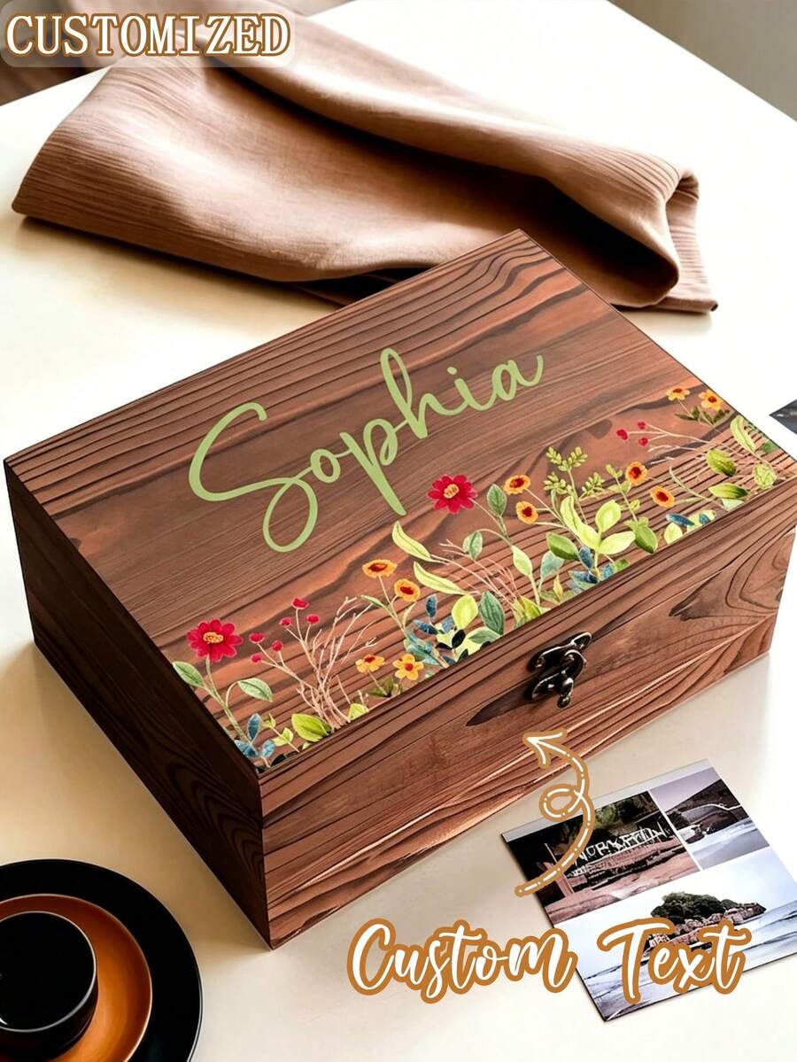 Personalized Custom Name Wildflower Wooden Memorial Box, Custom Floral Wooden Memory Storage Box, Unique Jewelry Box, Customized Birthday Bridesmaid Graduation Gift, Suitable For Girls Women Her - Multicolor - View 1