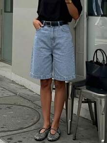 Celana Pendek Denim Longgar Selutut dengan Kaki Lebar, Kasual untuk Liburan Pantai Musim Panas - Light Wash - View 3