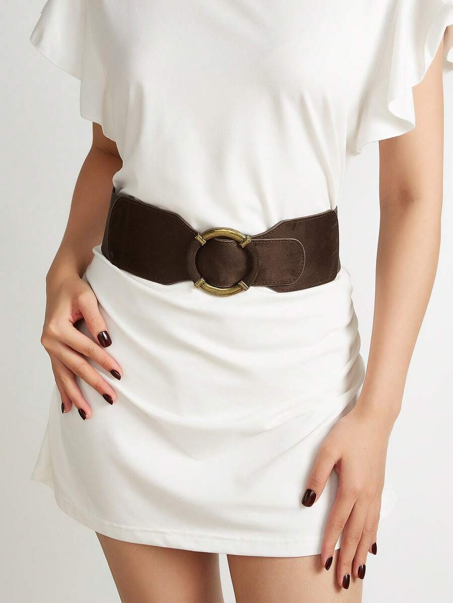 1pc Women's Basic Vintage Square Buckle Coffee Suede Elastic Waist Belt Suitable For Dresses - Coffee - View 1