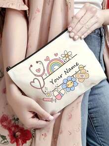 Custom Name Canvas Makeup Pouch, Lovely Doodle Floral Rainbow Pattern Zipper Storage Bag, Lightweight Portable Travel Cosmetic OrganizerVersatile Stationery Pencil BagIdeal Personalized Birthday PresentForYoung WomenGirls Daily Small Item Carry Pouch - Multicolor - View 3