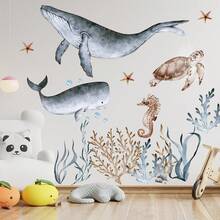 Grande adesivo decorativo da parete stile acquerello con balena e tartaruga marina, animali sottomarini, per intera parete - 30*90 cm 4 pezzi - Visualizzare 2