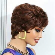 Lolely Dream Women's Short Layered Pixie Cut Wig 4# Chocolate Hair Bangs Style Glueless Full Machine Made - S4 - View 2