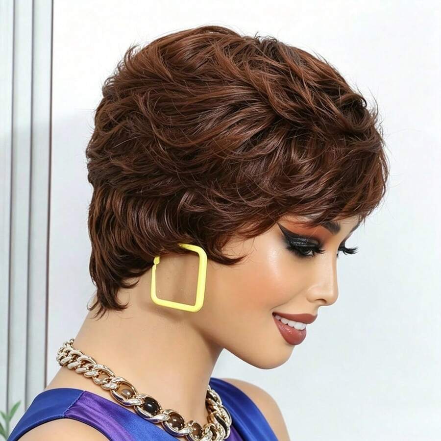 Lolely Dream Women's Short Layered Pixie Cut Wig 4# Chocolate Hair Bangs Style Glueless Full Machine Made