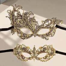 3pcs Fashionable Personalized Gold Foil Lace Masquerade Masks, Practical Half-Face Sexy Eye Masks For Couples Party, Adult Festival Party, Durable Exquisite Compact Design, Perfect For Costume Party, Easy To Carry Dress-Up Props - Mask - View 2