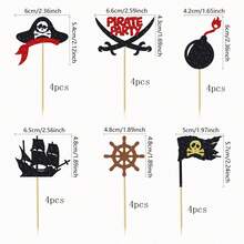 12/24pcs Glitter Pirate Theme Cupcake Toppers, Pirate Ship And Skull Design Cake Picks, Suitable For Birthday Party Decoration, Baby Shower Supplies - Multicolor - View 11