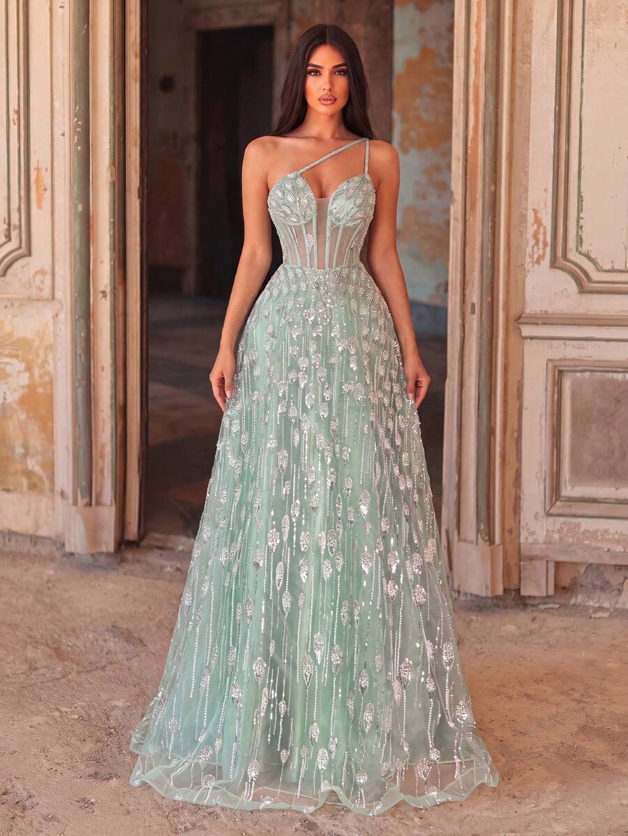 Faeriesty Elegant One-Shoulder Beaded Gown With Exquisite Embroidery, Flared Ball Gown Silhouette For Flattering Figure – Party Wedding Fall - Mint Green - View 1
