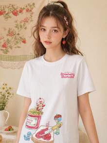 Women's Summer T-Shirt, Cute Scene Print Loose Casual Style, Suitable For Daily Sweet Girl Look - White - View 6