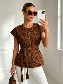 Muslim Women's Elegant Jacquard Batwing Sleeve Cardigan With Belt, Brown - Coffee Brown - View 3