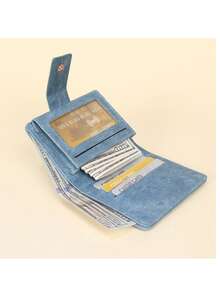 New PU Leather Bifold Short Wallet, Korean Style Solid Color Versatile Minimalist Snap Fold Lightweight Wallet Purse - Blue - View 6