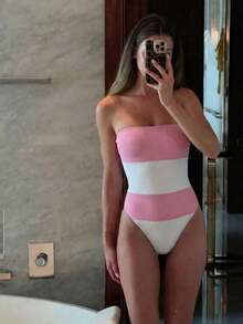 女款夏季極簡性感無肩帶黑白條紋連身泳衣，海灘度假派對時尚優雅休閒泳裝套裝 - 彩色 - 查看 2