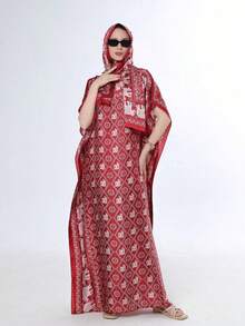 1pc Women's Faux Silk Printed Robe Shawl With Small Scarf Set, Outerwear Decorative Beach Cover-Up, Sun Protection, Windproof, UV Protection, Daily Wear - Multicolor - View 2