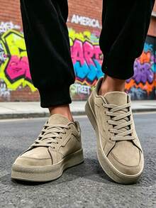 Men's Tan Nubuck Lace-Up Sneakers With Durable EVA Platform Outsole And Contrast Stitching Details - Brown - View 8