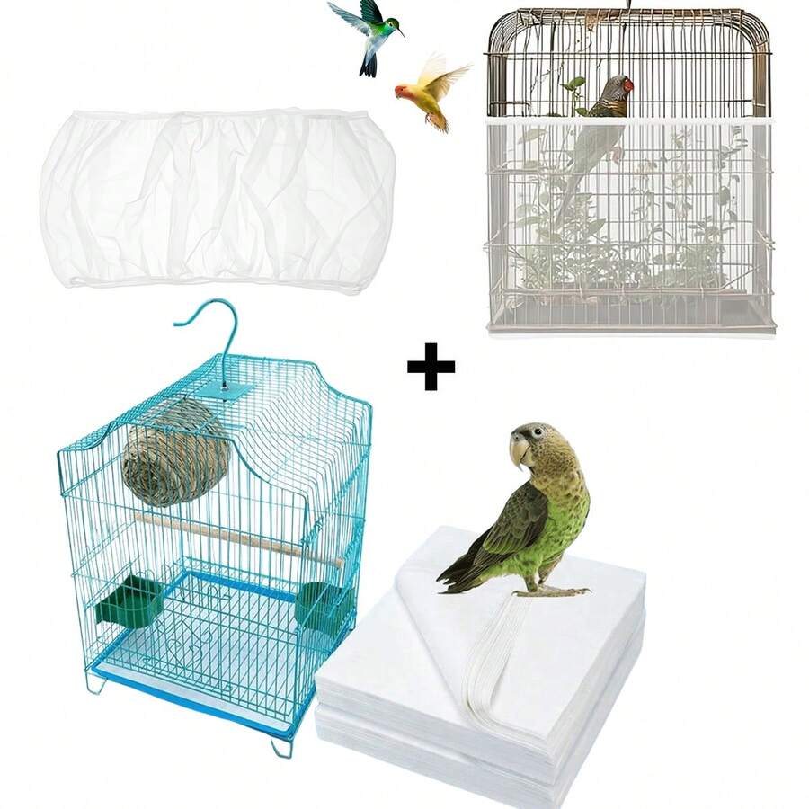 11pcs Bird Cage Dust-Proof Set (Includes 10pcs Bird Cage Liners + 1pc Bird Cage Dust-Proof Cover), Dust-Proof Mesh Cover Anti-Splash Fence Cage Net, Excrement Receiving Paper Absorbent Non-Woven Fabric Parrot Cage Liner Tray Bird Dropping Cleaning Pad, Suitable For Round And Square Cages - White Elastic - View 1