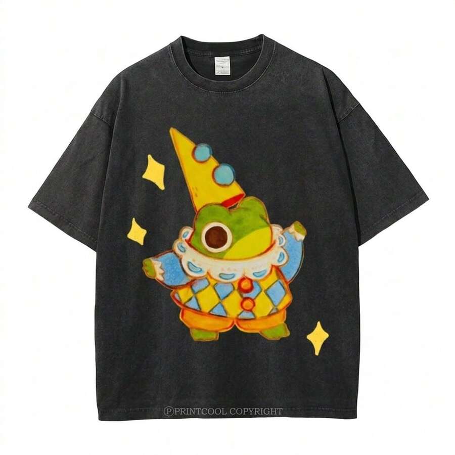 Summer Tops 100% Cotton, Funny Clown Frog Print T-Shirt, Suitable For Daily Wear, A Must-Have For The Beach, Cute Cartoon Pattern, Unisex, Perfect Gif - BL01 - 查看 1