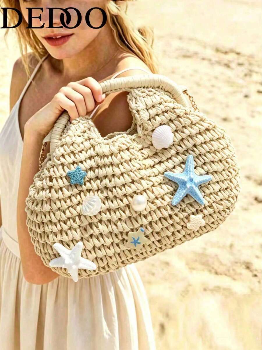 Dedoo 2026 New Woven Clutch, Handwoven Raffia Summer Beach Bag, Solid Texture Pattern,Large Capacity, For Travel Women, Straw Bag