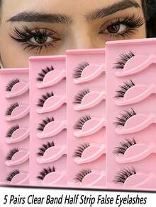 5 Pares de Cílios Postiços Meia-Faixa Olho de Gato, Banda Transparente, Leve, Macio, 5D, Fofo, Reutilizável, Efeito de Olhos Grandes Encantadores para Casamento, Viagem, Feriado, Cílios em Faixa, Extensão de Cílios para Mulheres - Multicolorido - Visão 1