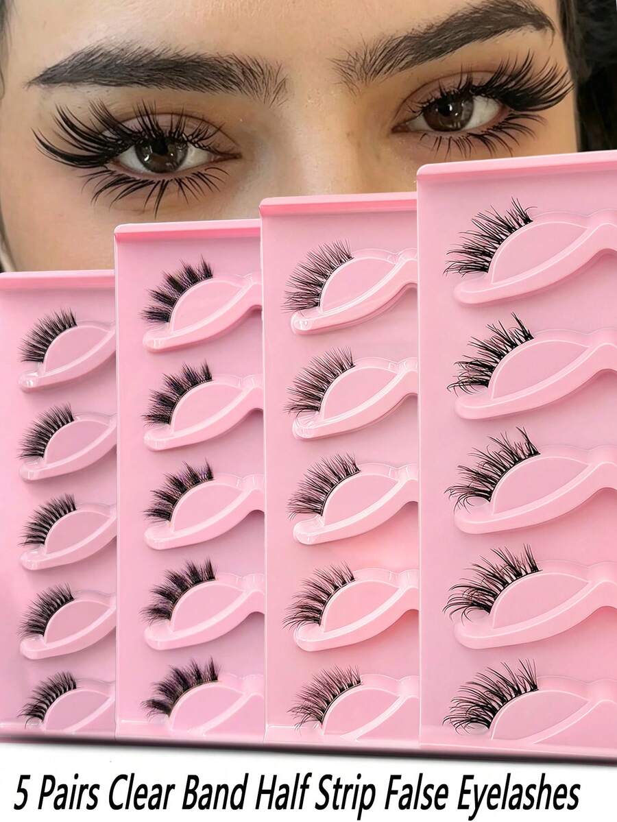 5 Pares de Cílios Postiços Meia-Faixa Olho de Gato, Banda Transparente, Leve, Macio, 5D, Fofo, Reutilizável, Efeito de Olhos Grandes Encantadores para Casamento, Viagem, Feriado, Cílios em Faixa, Extensão de Cílios para Mulheres - Multicolorido - Visão 1