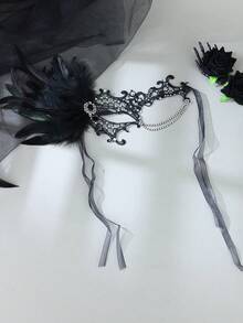 1pc Halloween Gothic Style Women's Peacock Feather Rhinestone Lace Mask, Suitable For Masquerade Ball And Cosplay - Black - View 2