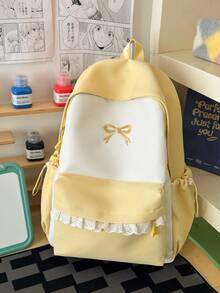 1pc Girls Colorblock Bow Nylon Zipper Closure Sweet Backpack Student School Bag Suitable For All Seasons Daily Use Without Pendant - A - View 12