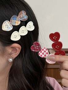 2/4pcs Heart Plaid Button Hair Clips, Energetic Girl Forehead Bangs Clips, Ancola Red Hair Accessories Alligator Hair Clips - Multicolor - View 1