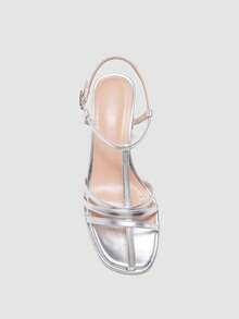 Women's Silver High Heel Pumps, Thick Heel Open Toe Party Heels, Wedding Shoes 7cm, Formal Dress Shoes, Slip-On Pointed Toe Sandals - Silver - View 3