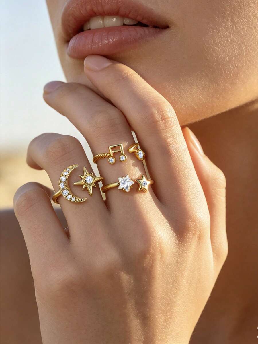 3pcs Women's Fashion Elegant Star Moon Musical Note Inlaid Cubic Zirconia Ring Jewelry Set, Suitable For Wedding, Dating, Holiday Gift And Other Romantic Occasions - 3 Pieces - View 1