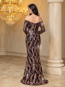 Regular Shoulder Mesh Embroidered Sequin Long Sleeve Elegant Glamorous Waist-Cinched Floor-Length Formal Evening Party Dress Wedding Spring - Champagne - View 2