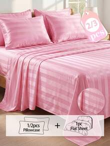 2/3Pcs Satin Striped Bed Sheet Set, Soft & Breathable, Wrinkle-Resistant, (1 Flat Sheet + 1/2 Pillowcases, No Filling) Suitable For All Seasons, Soft & Comfortable, Ideal For Dorm Students, Home Bedroom, Guest Room, Multi-Color Soft & Durable, Extra Large Bedding, Suitable For Travel And Dorm - Pink - View 1
