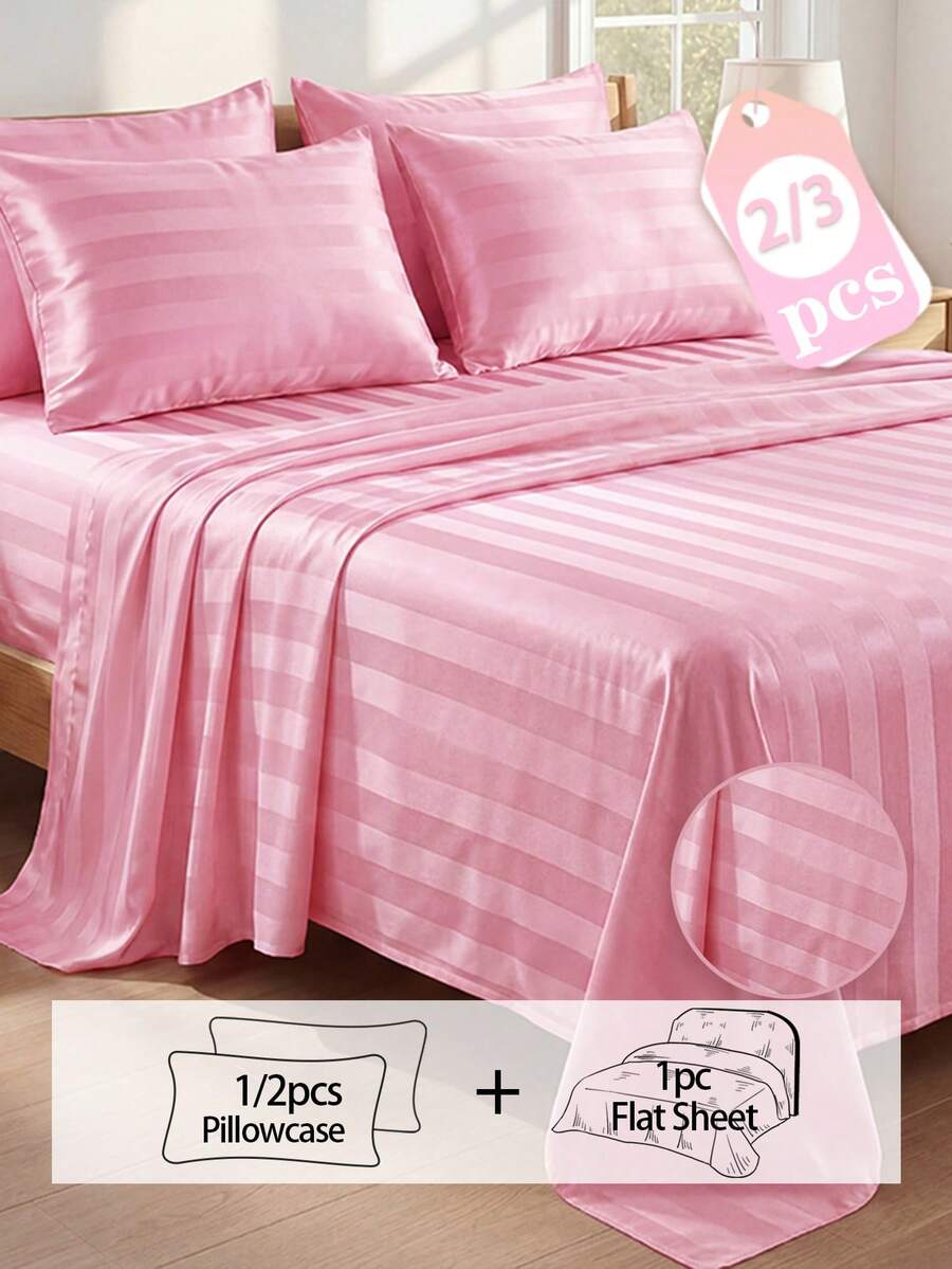2/3Pcs Satin Striped Bed Sheet Set, Soft & Breathable, Wrinkle-Resistant, (1 Flat Sheet + 1/2 Pillowcases, No Filling) Suitable For All Seasons, Soft & Comfortable, Ideal For Dorm Students, Home Bedroom, Guest Room, Multi-Color Soft & Durable, Extra Large Bedding, Suitable For Travel And Dorm - Pink - View 1