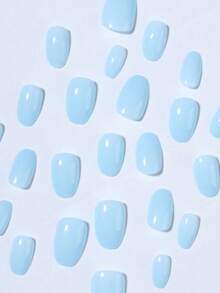 24pcs/Set Short Oval Nude Glossy Press-On Nail Tips, Macaron Candy Color Acrylic Fake Nails - Baby Blue - View 2