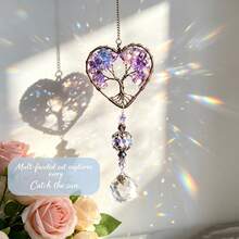 Amethyst Chip Heart Tree Crystal Sun Catcher, Iridescent Prism Hanging Ornament, Boho Car Home Window Balcony Decor Pendant Gift - A Love Chakra Tree Of Life Light Catcher - View 9