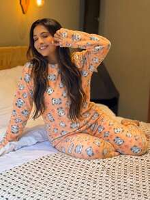 Eatifa Pijama Feminino Fleece Longo Peludinho Ted Quentinho Inverno Fechado Brilha no Escuro - Laranja - Visão 8