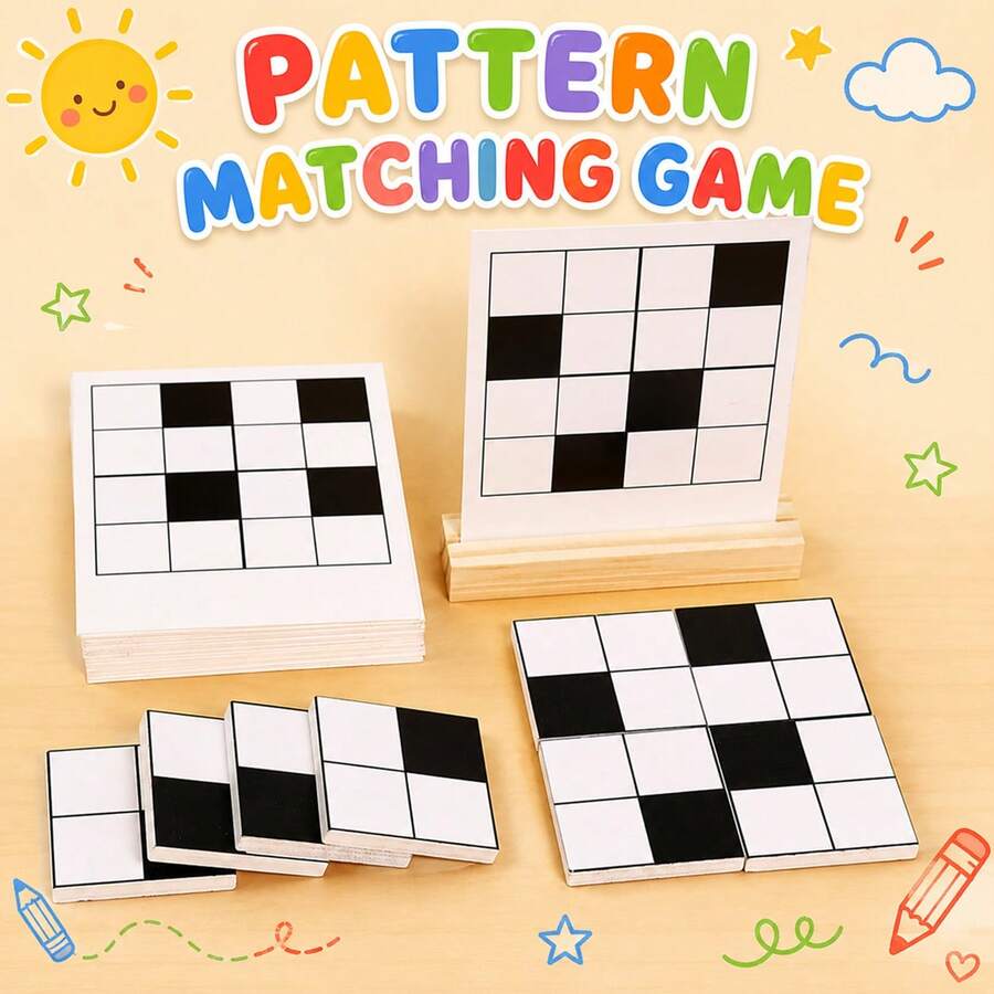 Kinder Holzpuzzle Spielzeug Muster-Matching Spiel, Schwarz-Weiß Mosaik Bauklötze Brettspiel mit Referenzkarte, Logik-Denken Training Tischspielzeug, 3+ Jahre alt Eltern-Kind Interaktives Spielzeug, geeignet für Jungen und Mädchen Reise Spielzeug Geschenk