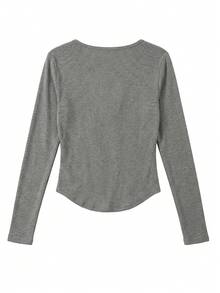 Designer Niche Long Sleeve T-Shirt Women Autumn Minimalist Versatile Slim Fit Flattering Casual Base Layer Top - Grey - View 3