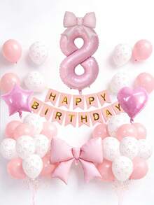 34 Stücke Rosa Geburtstags Party Dekorationen, einschließlich 40 Zoll 0-9 Zahlen Folienballons, große Schleifenballons, 18 Zoll Herz & Stern Ballons, Happy Birthday Banner, Schleifendruck Latexballons, geeignet für Geburtstagsfeier, Babyparty, Themenparty Dekoration - Pink - Übersicht 7