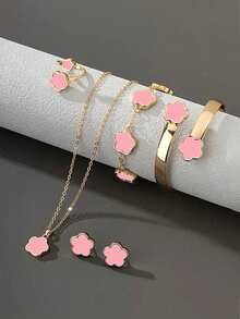 6pcs/Set Lucky 4-Leaf Clover Design Bracelet, Necklace, Earrings, Bangle And Ring Set - Pink - View 1
