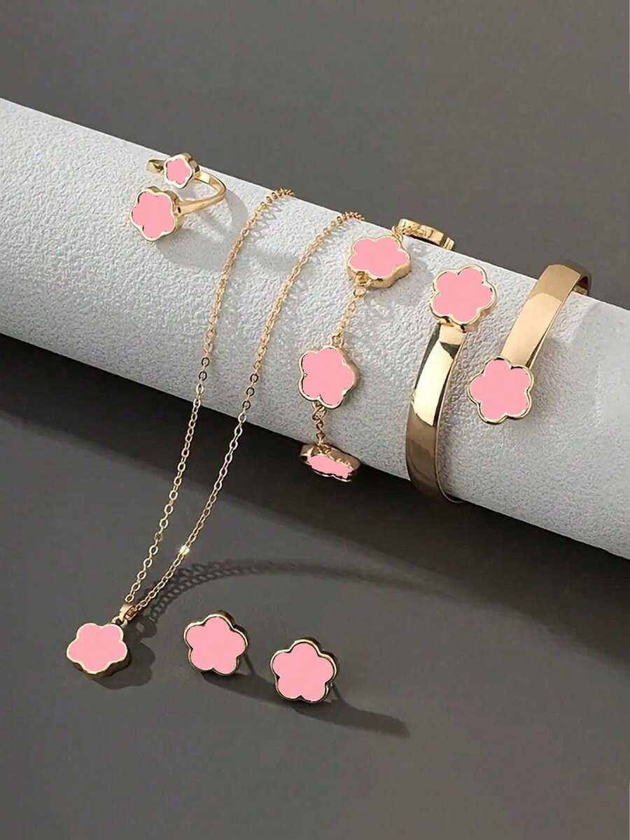 6pcs/Set Lucky 4-Leaf Clover Design Bracelet, Necklace, Earrings, Bangle And Ring Set - Pink - View 1