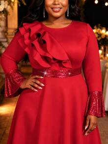 AOMEI Plus Size Women's Elegant Luxurious Red Mid-Length A-Line Dress, Long Flared Sleeve Design, Round Neck With Ruffle Trim, Suitable For Wedding, E - Red - View 2