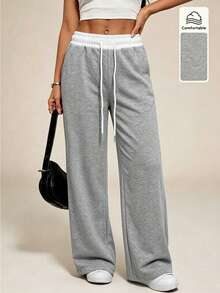 Women High Waist Drawstring Wide Leg Straight Leg Sports Pants With Side Pockets Fall Winter Workout Yoga Fitness Training Outdoor Lounge Trousers - Grey - View 1