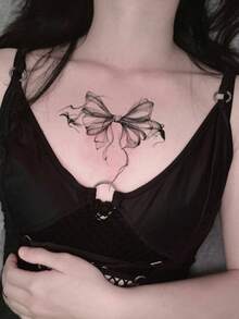 1pc Black Smoky Sheer Ribbon Bow Tattoo Sticker, Sweet Soft Girl Style Delicate Decadent Body Decoration For Thighs And Legs, Women's Party Accessory, Sweat-Resistant Realistic Temporary Tattoo Sticker, Ins Popular - Black - View 3
