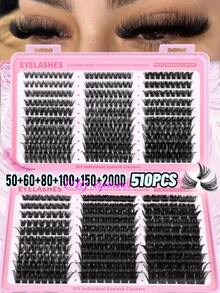 GROINNEYA 510片大容量睫毛書 D捲度仿貂毛假睫毛 50D+60D+80D+100D+150D+200D 單簇假睫毛 濃密蓬鬆 混長單根睫毛接種套組 初學者DIY居家睫毛接種套件，濃豔單根接種睫毛 自然妝感，適合日常與派對 - D - 查看 2